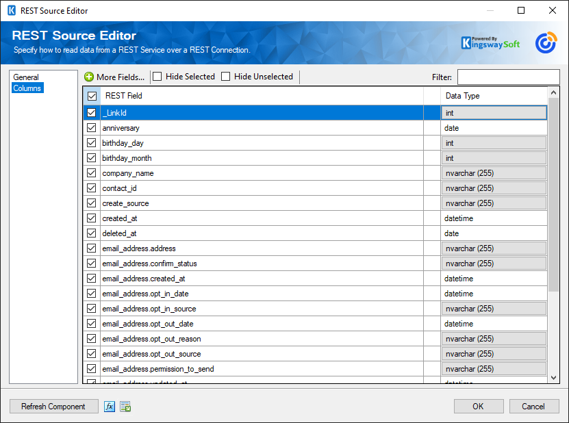 SSIS Constant Contact REST Source - Columns